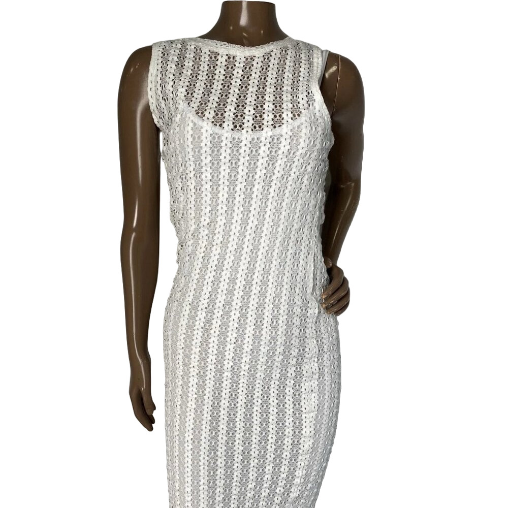 NEW PINKO Midi Dress White Size S Alemonia Abito Knit Sheer Slip Tank Dress